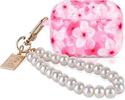 Siliconen beschermhoes voor AirPods Pro met roze bloemen en parelsleutelhanger, stootvast en antislip, ideaal voor vrouwen, stofbestendig en geurvrij