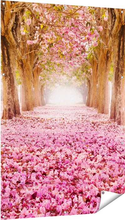 Gards Tuinposter Romantische Bomen Tunnel met Roze Anjers - 100x150 cm - Tuindoek - Tuindecoratie - Wanddecoratie buiten - Tuinschilderij