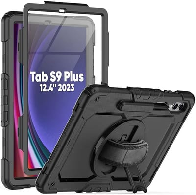 Hoes met ingebouwde Screenprotector Geschikt voor Samsung Galaxy Tab S10 Plus / S9 Plus / S9 FE Plus | 360° Draaibare Handriem en Schouderriem | Extreme bescherming | Zwart