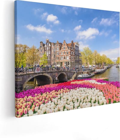 Artaza Canvas Schilderij Amsterdam - 100x80 cm - Groot - Wanddecoratie Grachten - Muurdecoratie Tulpen - Schilderijen Op Canvas Bloemen