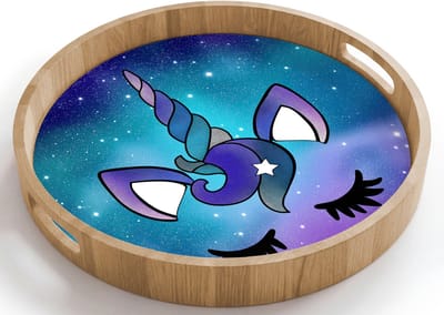 Dienblad rond 40x40 cm - Schootdienblad hout - Eenhoorn - Sterrenhemel - Ster - Blauw - Borrelplank rechthoek - Plateau houten dienbladen