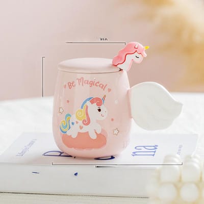 Eenhoorn Beker Keramische Beker Leuke Cartoon Beker Hoog uitziende Drinkbeker Mok Ontbijtbeker met Deksel Lepel 300ml