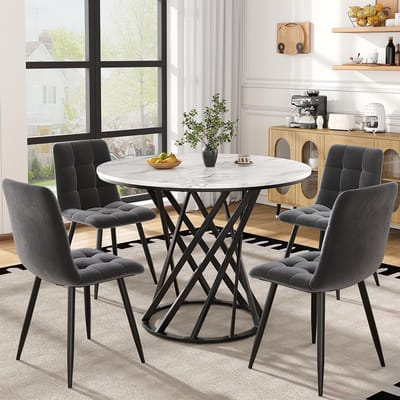 BLACKCOLORS Eethoek (5-delig), moderne eethoek (met 4 stoelen), keuken eethoek, ronde keukentafel met een diameter van 80 cm en zwarte metalen poten, blad van wit MDF, fluwelen stoelen