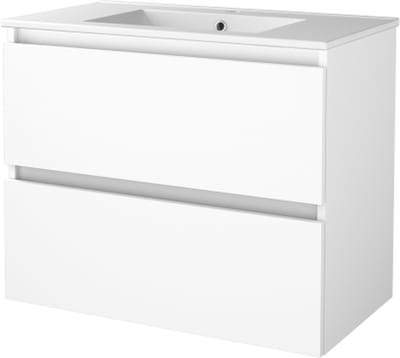 Basic Start 46 badmeubelset met greeploze wastafelonderkast met 2 lades en porseleinen wastafel met 1 kraangat 80 x 46 cm, ice white