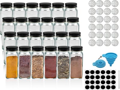 Famanu - Kruidenpotjes Set van 24x 120 ml vierkante glazen potjes en metalen deksels | Organiseer je keuken met stijlvolle zwarte metalen schroefdeksels