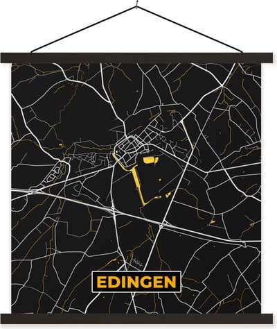 Posterhanger incl. Poster 60x60 cm - Schoolplaat - Edingen - Kaart - Plattegrond - Stadskaart - Goud - Textielposter - Zwarte latten - Stadskaart