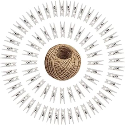 Mini Houten Klemmen - 100 Stuks van 3.5 cm voor Foto Displays, Knutselen en Bruiloften met 30M Jute Touw