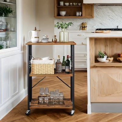 Industriële 3-Laags Metalen Keukenwagen – 60×40×80 cm – Vrijstaande Magnetronplank – Zwart – Ruimtebesparend Opbergrek