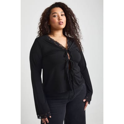 boohoo Dames Plus Size Top met Kant Trim en Strikdetail Lange Mouwen | Zwart | Maat: 44