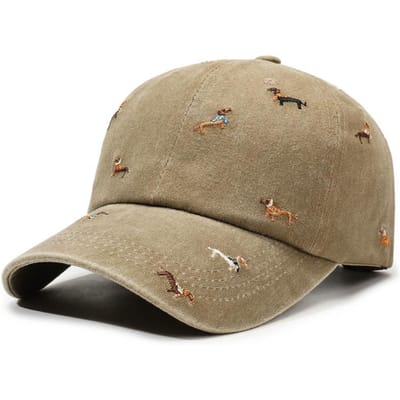 Wasbare Soft-Top Baseballpet voor Buiten met Geborduurd Hondje Ontwerp Vintage Straat Verweerde Eendensnavel Pet voor Dames kaki