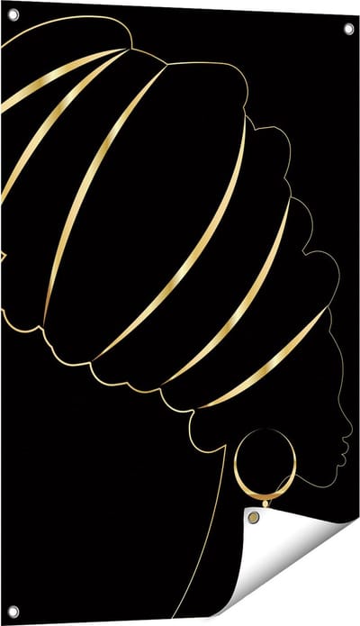 Gards Tuinposter Afrikaanse Vrouw met Gouden Zwarte Tulband - 60x90 cm - Tuindoek - Tuindecoratie - Wanddecoratie buiten - Tuinschilderij