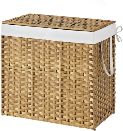 SONGMICS - Wasmand - Wasmand met 2 Vakken - Opvouwbare Rattan Mand met Deksel en Handgrepen - Uitneembare Waszak