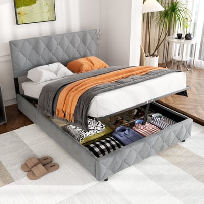 Wishdor Gestoffeerd Bed - Hydraulische Opbergruimte - Gecapitonneerd Velvet - Grijs - 140x200 cm