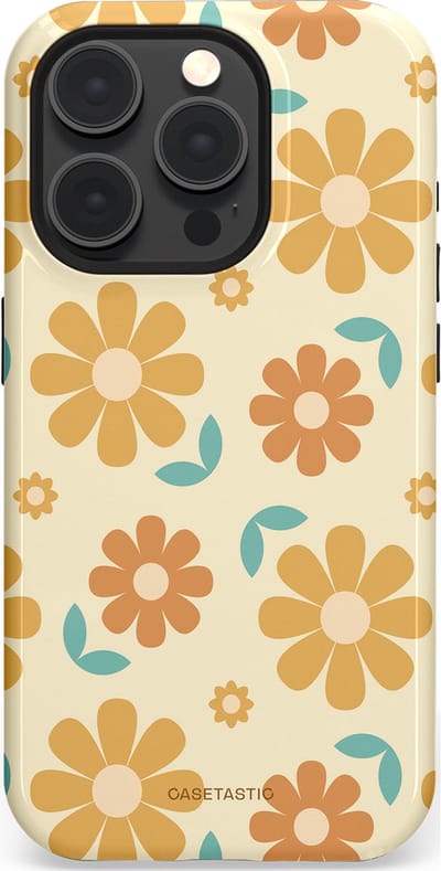 Casetastic hoesje geschikt voor Apple iPhone 15 Pro - MagSafe - Dubbellaagse bescherming - Flower power Retro Bloemen - Geel - Oranje - Blauw - Fashion Case - Crème Goud Perzik