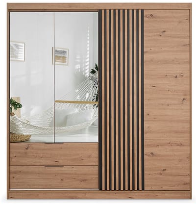 Vente-unique Kast 3 deuren en 2 lades - Met spiegel - B203 cm - Kleur: Naturel en zwart - SIDOVIA