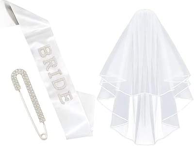 Dailygoods- Bruidssluier Witte Sluier - Schouderband met Parelversiering - Strass Broche - Bruiloft Accessoires - Vrijgezellenfeest Set - Hoogwaardige Materialen - Bruiloftaccessoires