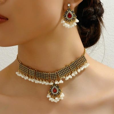 Bruid, Mode Metaal Waterdruppel Vintage Juwelenset Parel 2-delige Ketting Oorbellen Set black