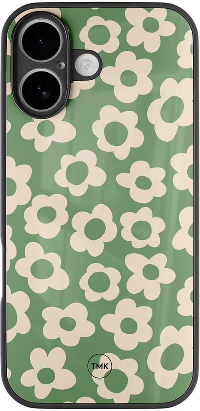 Hoesje geschikt voor Apple iPhone 16 - Retro cute flowers - Groen - TPU luxe case (glossy toplaag) - Bloemen - Hardcase backcover zwart