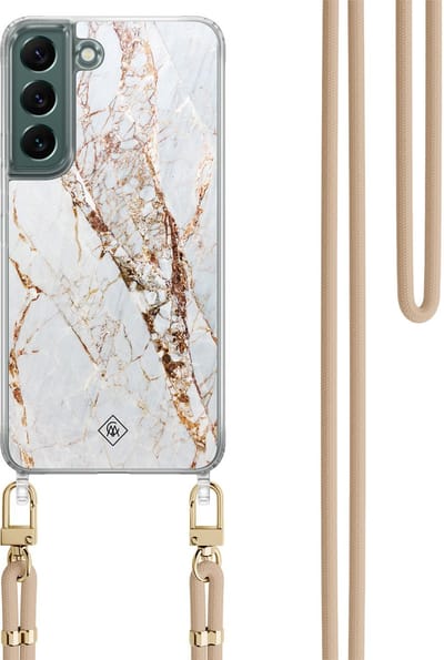 Casimoda® hoesje met beige koord - Geschikt voor Samsung S22 Plus - Marmer Goud - Afneembaar koord - TPU/polycarbonaat - Goudkleurig