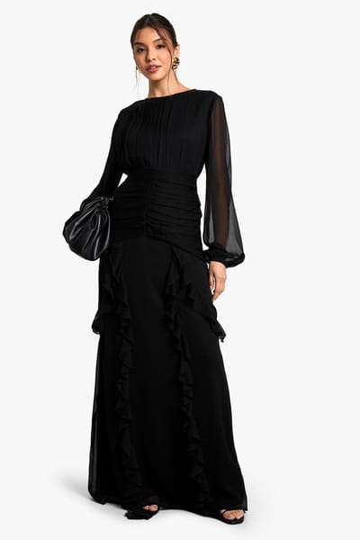 boohoo Dames Geplooide Chiffon Maxi Jurk Met Ruches | Zwart | Maat: 42