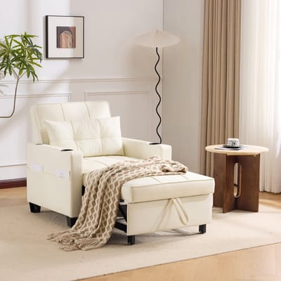 REDOM 3-in-1 Slaapstoel - Uitschuifbare Slaapbank & Verstelbare Sofa - Met Zijvak - Voor Kleine Ruimtes - Hout en Metaal - Wit - 74x87x84 cm