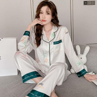 Pyjama's voor dames Nieuwe lente en zomer IJszijde Jacquardzijde Lange mouwen Thuiskleding Pak Lente en herfst Dunne sectie XXL