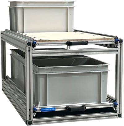 Schuifframe dubbel 90x40 cm inclusief 3 open bakken met multiplex berk 9 mm bovenplaat