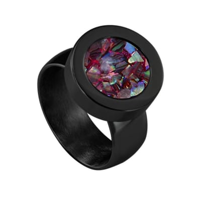 Quiges RVS Schroefsysteem Ring Zwart Glans 16mm met Verwisselbare Multi Vlokjes Schelp 12mm Mini Munt