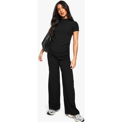 boohoo Dames ZWANGERSCHAP T-SHIRT MET RUCHES AAN DE ZijKANT EN CO-ORD MET BREDE BROEKEN | Zwart | Maat: 38