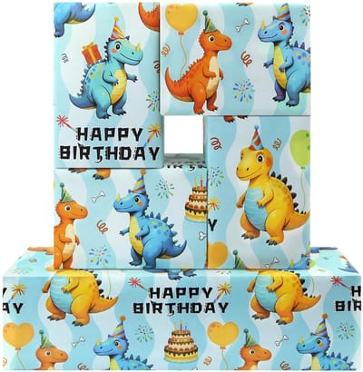 Allecto - Dinosaur Birthday Gift Wrapping Paper - Verpakt in 6 Vellen - Blauw - Voor Kinderen - Perfect voor Verjaardagsfeestjes en Babyshowers