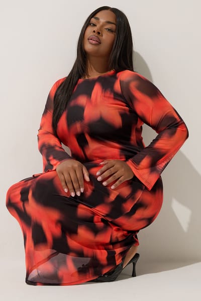 Limited Collection Midaxi Mesh Jurk Met Abstracte Bloemenprint In Rood Size 42
