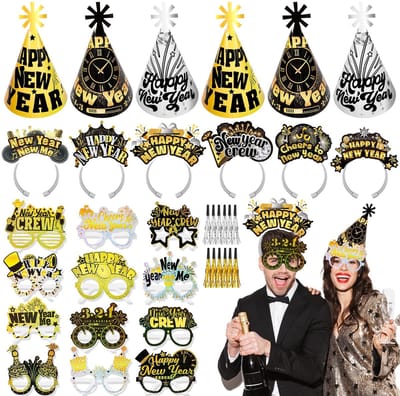 Dailygoods- Nieuwjaarsfeestaccessoires 2026 - Feesthoeden - Hoofdband - Bril - Feestblazers - Zwart Goud - 6 stuks - Feestartikelen