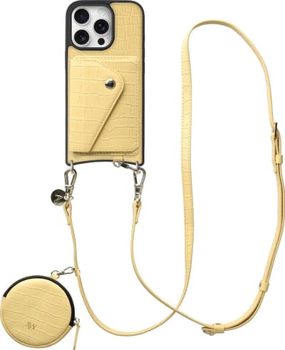AVY Leren Hoesje geschikt voor Apple iPhone 16 Pro | Met Koord, Wallet en Pouch | Compatibel met MagSafe | Leather Case met 130CM Koord | Long Leather | Croco Geel