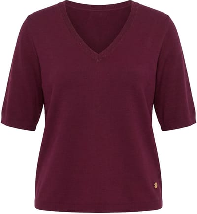 Ulla Popken - Dames - Trui elastische zoom V-hals korte mouw glitter - Wijnrood - Maat 42+