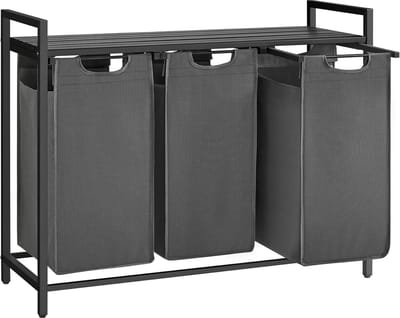 Furnstar Wasmand - Wasverzamelaar met plank - Wasbox - Afneembare waszak van Oxford weefsel - 3 vakken - Metalen frame - 120L - 92,5 x 33 x 72 cm - Leigrijs Antracietgrijs