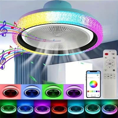 Slimme LED Plafondventilatorlamp, RGB Muziek Plafondlamp, Mat Acryl Kroonluchter, Stille Ventilator, met Draadloze Speaker, Traploos Dimmen, Geschikt voor Woonkamer, Slaapkamer, Keuken en Studie Toepassing en Afstandsbediening, voor Kamer Ventilatie
