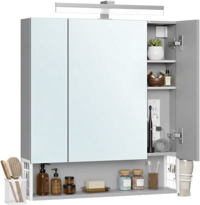 VASAGLE - Badkamer Kastje - Wandkast - 3 Deuren - Spiegel - Meerdere Stopcontacten - Föhnhouder - Badkamer