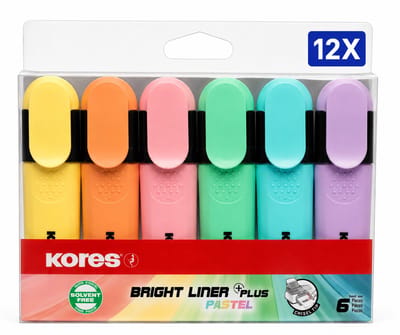 Kores High Liner Plus Pastel Markeerstiften Set van 6 Kleuren - Voordeelverpakking van 12 Etuis - Pastel Textmarkers met Wigvormige Punt en Ergonomische Greep - Voor School en Kantoor