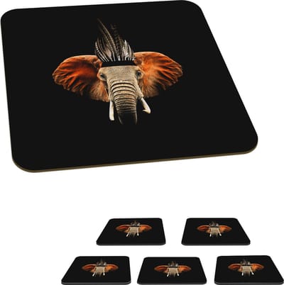 Onderzetters voor glazen - Olifant - Veren - Hoed - 10x10 cm - Glasonderzetters - 6 stuks