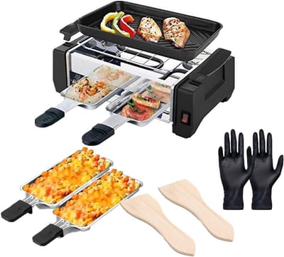 Elektrische Grill - Contactgrill Raclette - Gezellig Eten - 2-in-1 Functie - 1000W Vermogen - Zwart