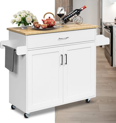 Keukeneiland - Verplaatsbaar - Keukenkast - Dressoir - Organizer - Kasten - Houten Werkblad - Lade - Wit