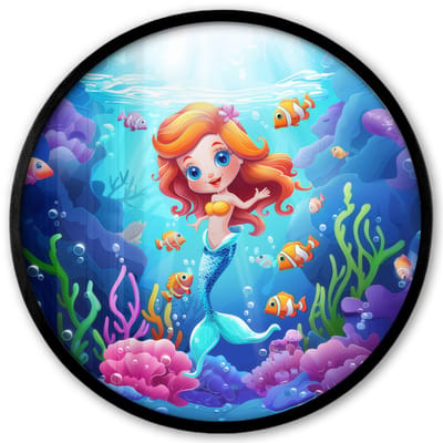 Poster in lijst Rond - Fotolijst 40x40 cm - Posters - Zeemeermin - Onderwaterwereld - Vissen - Oceaan - Ronde posterlijst zwart - Decoratie - Wanddecoratie woonkamer - Muurdecoratie slaapkamer