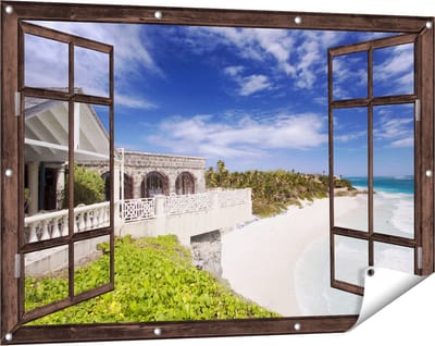 Gards Tuinposter Doorkijk Het Strandhuis - 120x80 cm - Tuindoek - Tuindecoratie - Wanddecoratie buiten - Tuinschilderij