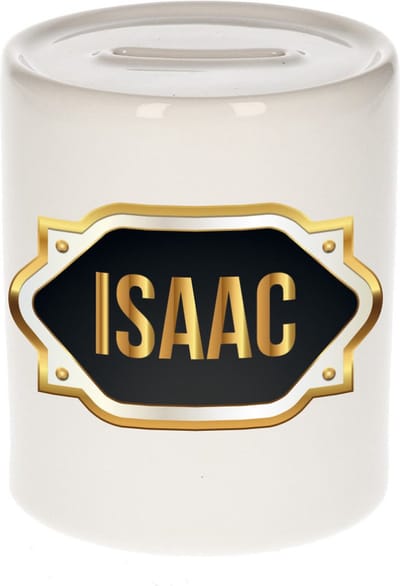 Spaarpot met voornaam Isaac - wit - met goud/zwart embleem - 8 x 9 cm - keramiek - met afsluitdop - cadeau verjaardag