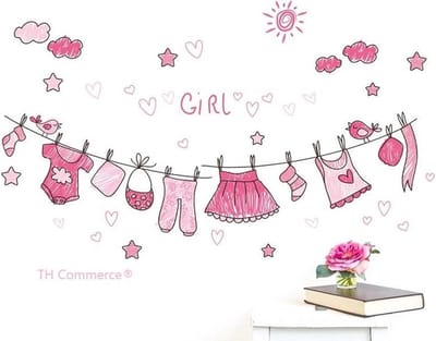 WASLIJN WASLIJNTJE MET KLEERTJES ROZE - MEISJE - MUURSTICKER - KINDERKAMER - WANDDECORATIE - BABYKAMER NR. 560