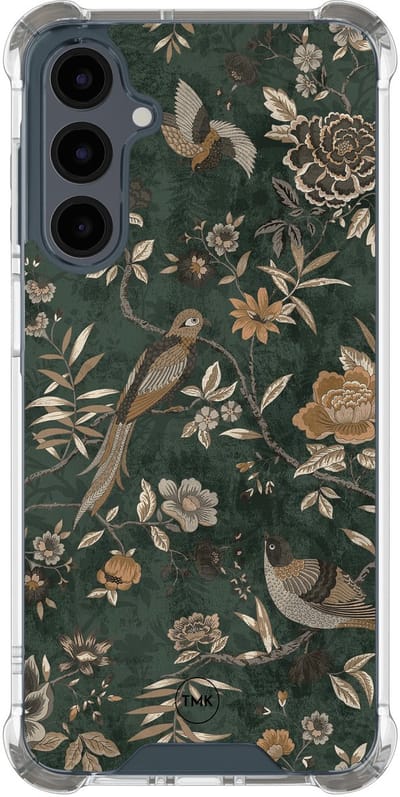 Shockproof hoesje geschikt voor Samsung Galaxy A17 - Khaki golden flowers - Schokbestendig - Verhoogde randen - TPU case - Extra Sterke Back Cover - Bloemen - Transparant, Groen