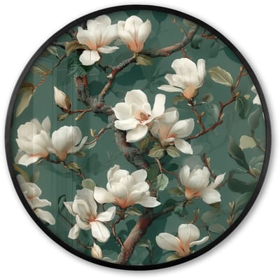 Poster in lijst Rond - Fotolijst 60x60 cm - Posters - Bloemen - Takken - Wit - Klassiek - Ronde posterlijst zwart - Decoratie - Wanddecoratie woonkamer - Muurdecoratie slaapkamer