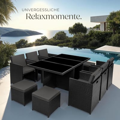 Tuinlounge Set 10-delig 54x58x82 cm – Luxe Rotan Tuinmeubelen met Tafel, Stoelen, Krukken & Kussens – Inklapbare Rugleuningen, Aluminium Frame, Weerbestendig Zwart – Nicolehome