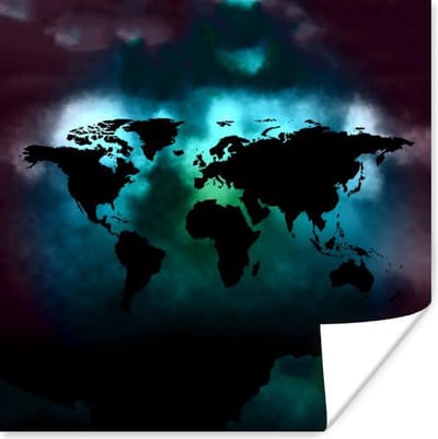 Poster 30x30 cm - Wereldkaart - Kleuren - Zwart - Posters - Kamer decoratie - Wanddecoratie woonkamer - Muurdecoratie slaapkamer