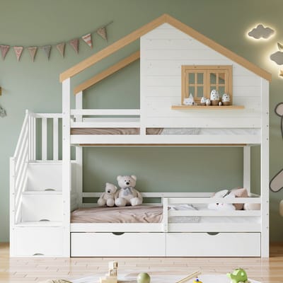 MODFU – Stapelbed in Huisvorm met Open Raam – 90x200 cm – Opberglades & Trap – Grenenhout – Wit & Naturel